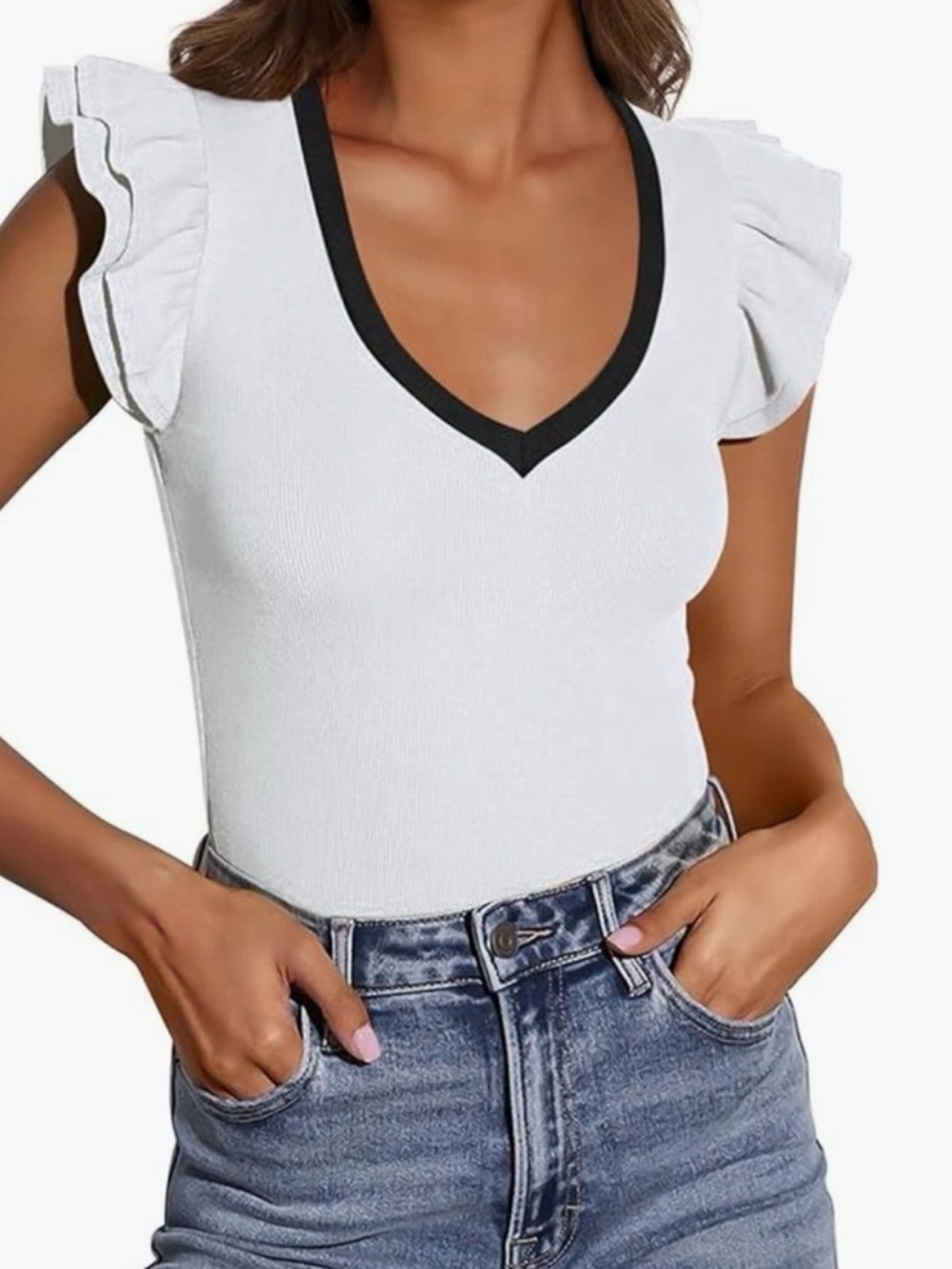 NEW White Ruffle Sleeve Black Trim V-Neck Top Size M